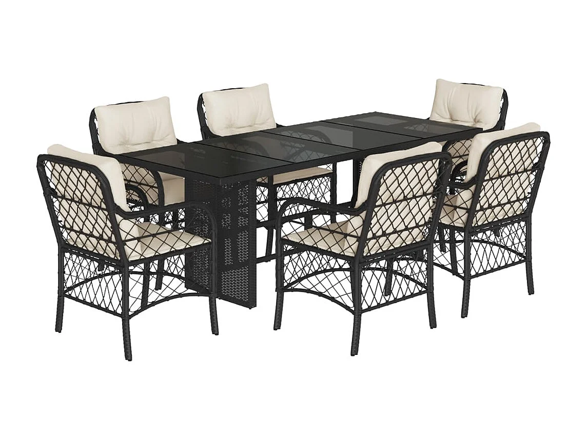 Ensemble à manger de jardin coussins 7pcs Noir Résine tressée