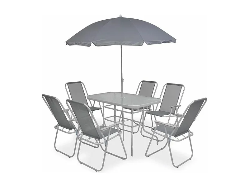 Table rectangulaire avec parasol et 6 chaises de jardin métal gris Castle