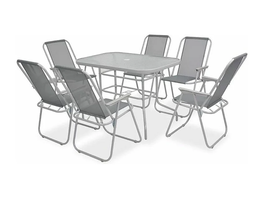 Table rectangulaire avec parasol et 6 chaises de jardin métal gris Castle