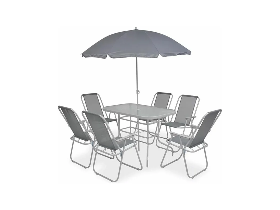 Table rectangulaire avec parasol et 6 chaises de jardin métal gris Castle