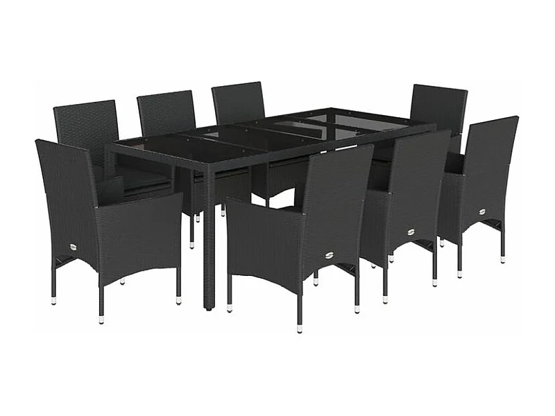 Ensemble à manger de jardin et coussins 9 pcs noir rotin verre