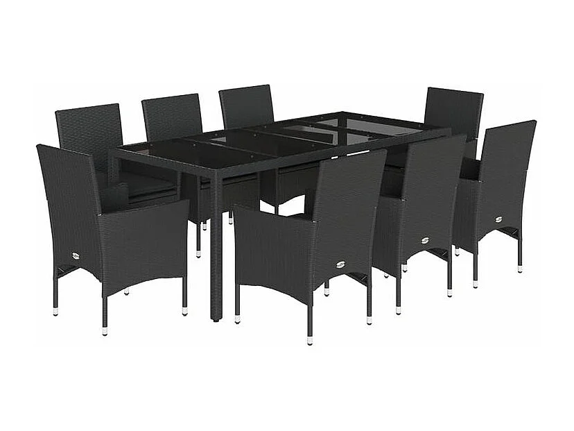 Ensemble à manger de jardin et coussins 9 pcs noir rotin verre