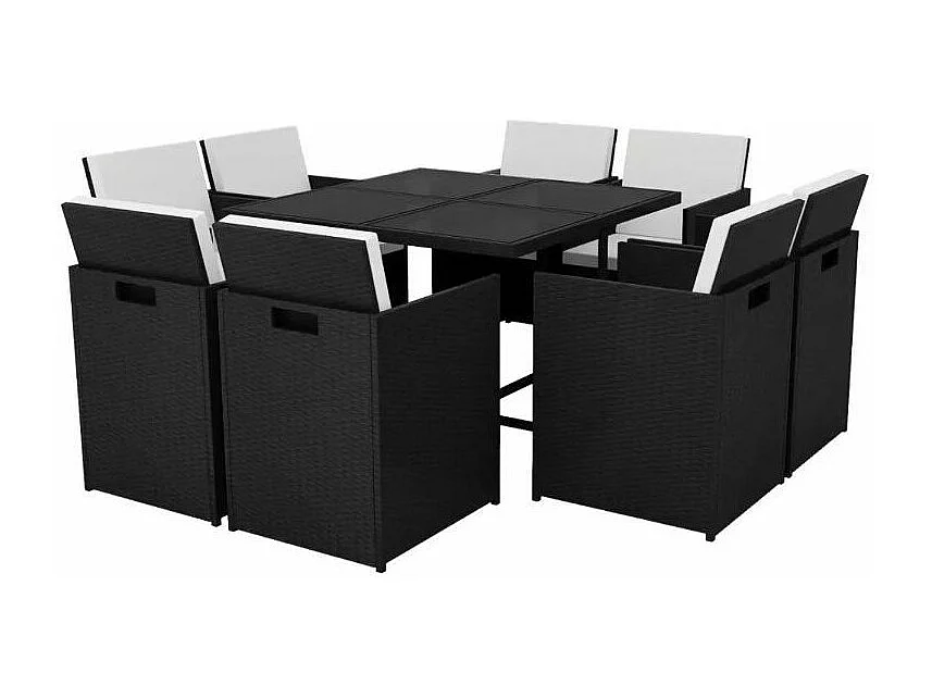 Table carrée et 8 chaises de jardin résine tressée noir plateau en verre Iris