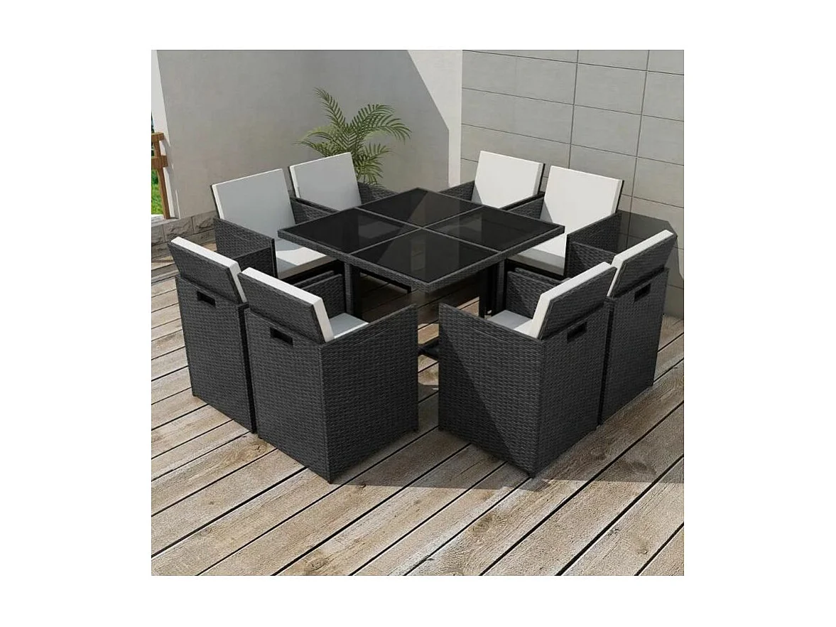 Table carrée et 8 chaises de jardin résine tressée noir plateau en verre Iris