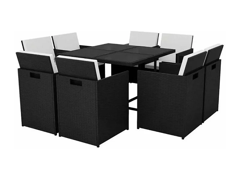 Table carrée et 8 chaises de jardin résine tressée noir plateau en verre Iris