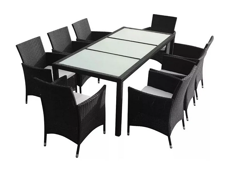 Table rectangulaire et 8 chaises de jardin résine tressée noir Mik