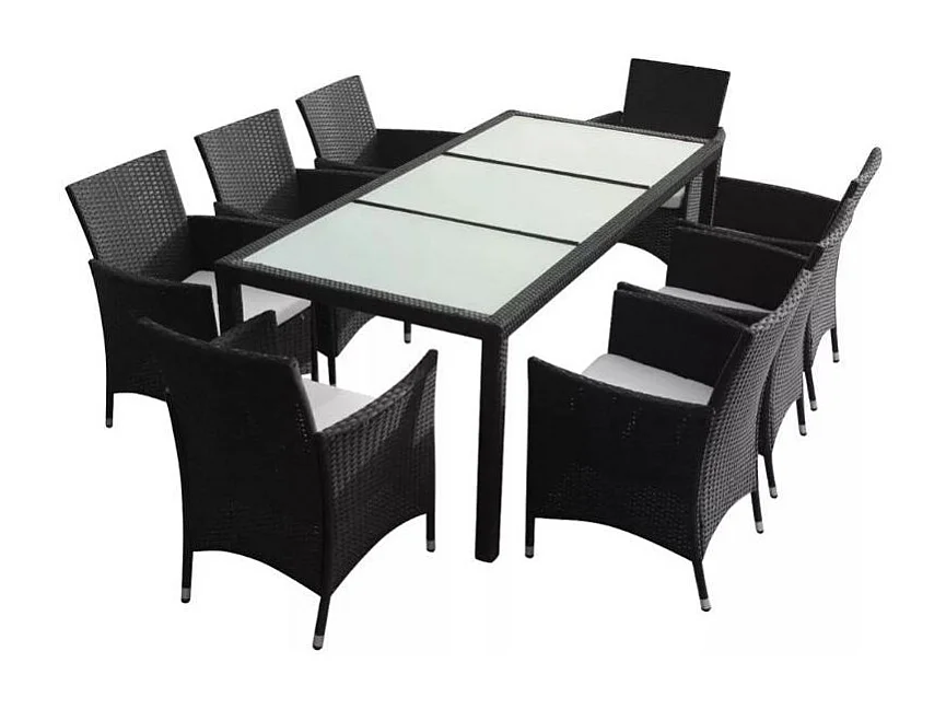 Table rectangulaire et 8 chaises de jardin résine tressée noir Mik