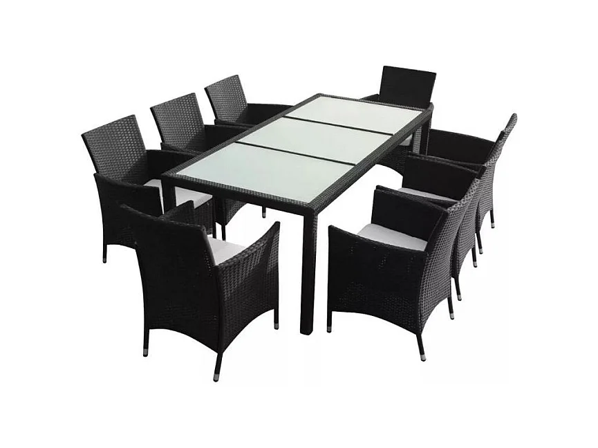 Table rectangulaire et 8 chaises de jardin résine tressée noir Mik