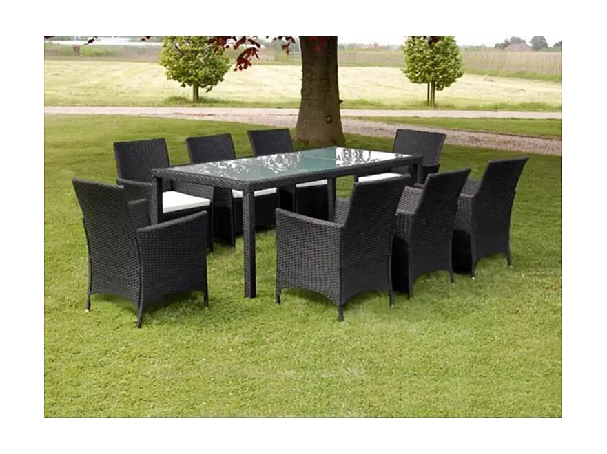 Table rectangulaire et 8 chaises de jardin résine tressée noir Mik