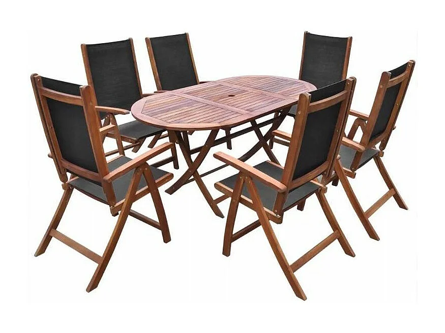 Table et 6 chaises de jardin acacia foncé et tissu noir Noiro