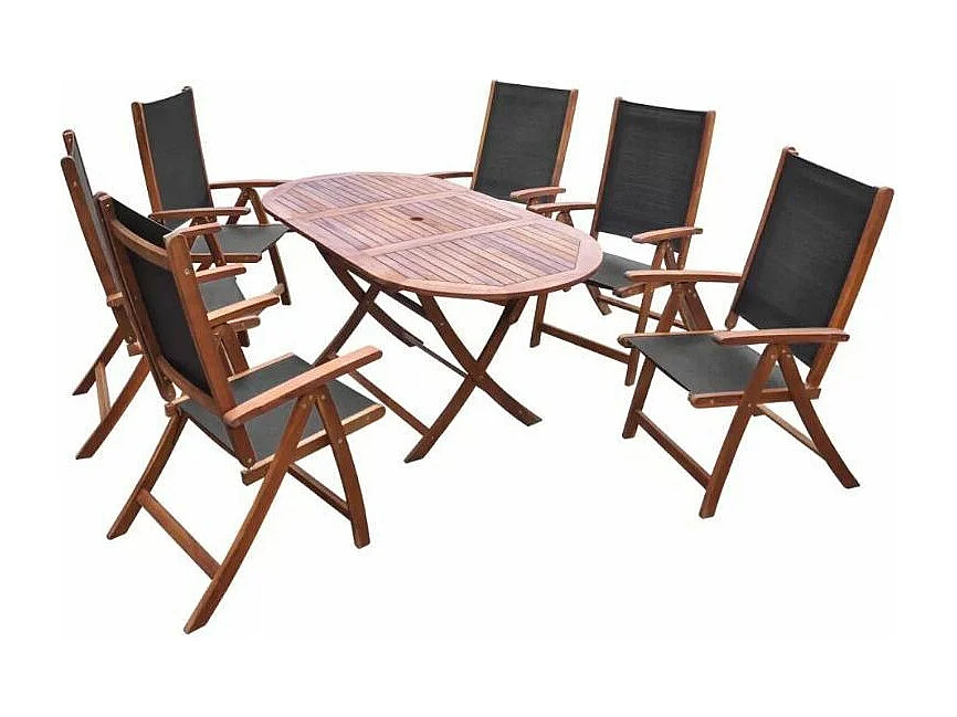 Table et 6 chaises de jardin acacia foncé et tissu noir Noiro