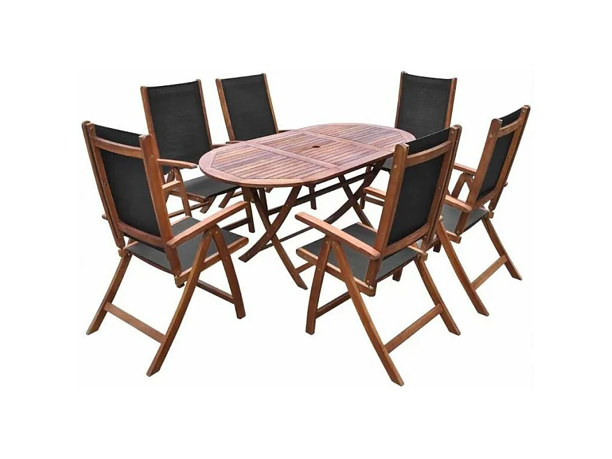 Table et 6 chaises de jardin acacia foncé et tissu noir Noiro