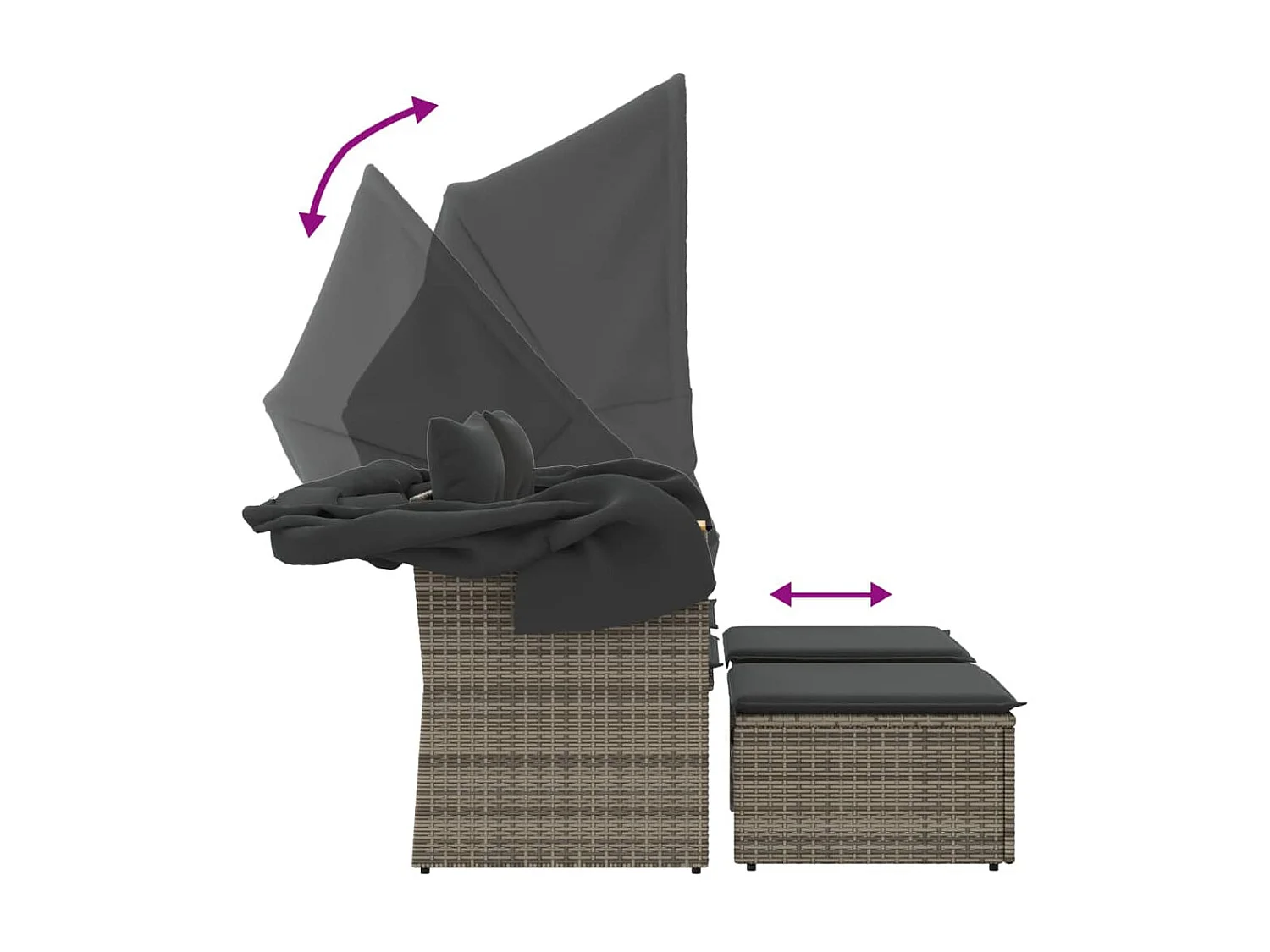 Canapé de jardin 2 places avec auvent et tabourets gris rotin