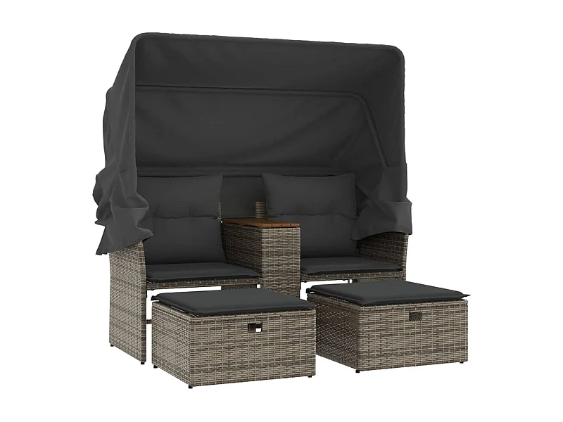 Canapé de jardin 2 places avec auvent et tabourets gris rotin