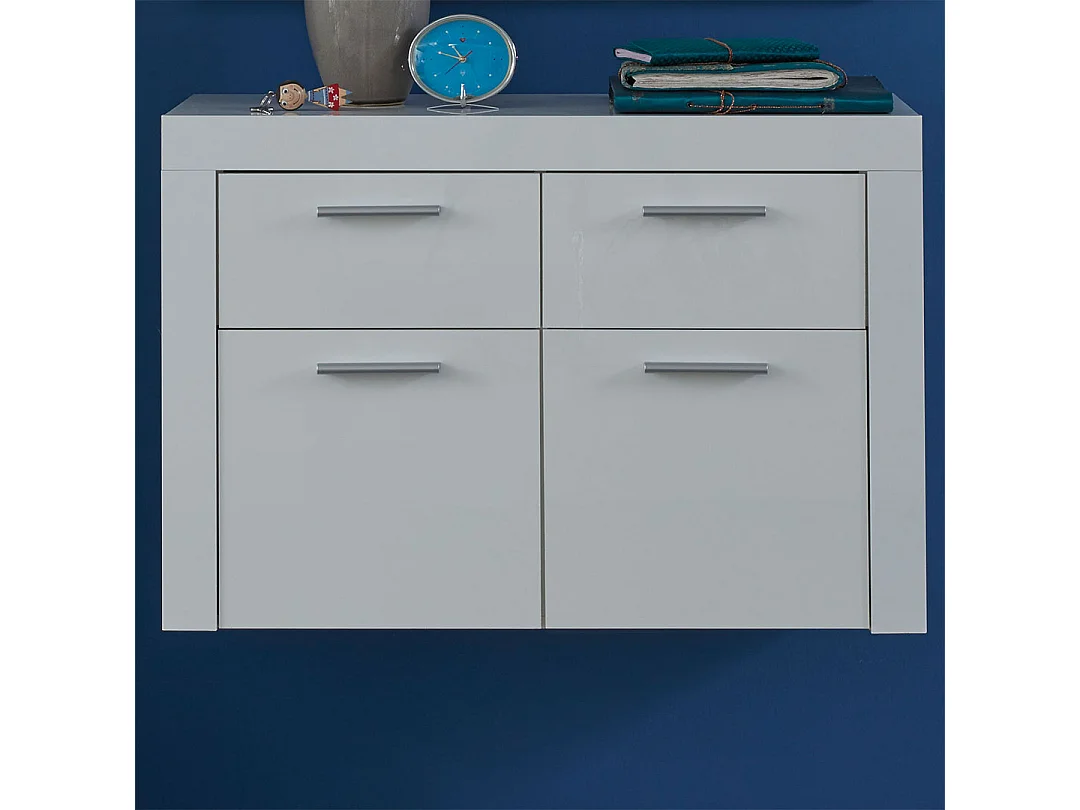 Alma meuble à chaussures 2 portes, 2 tiroirs accroché au mur blanc brillant.