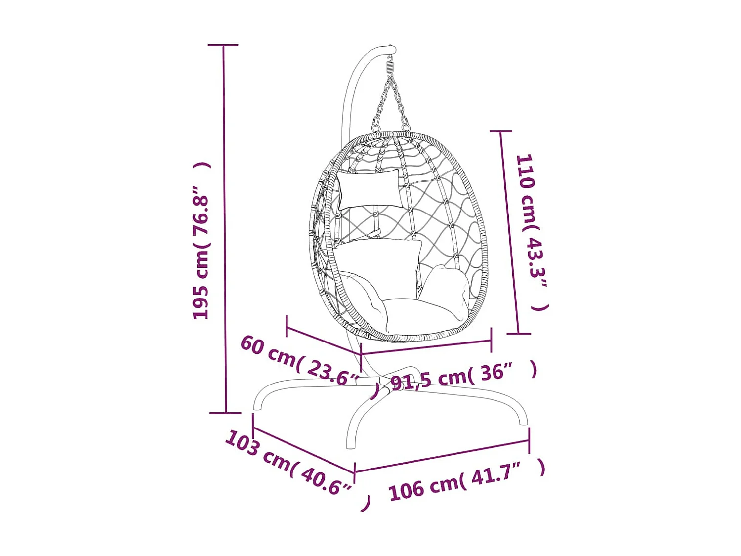 Chaise suspendue en forme d'œuf avec coussin Anthracite