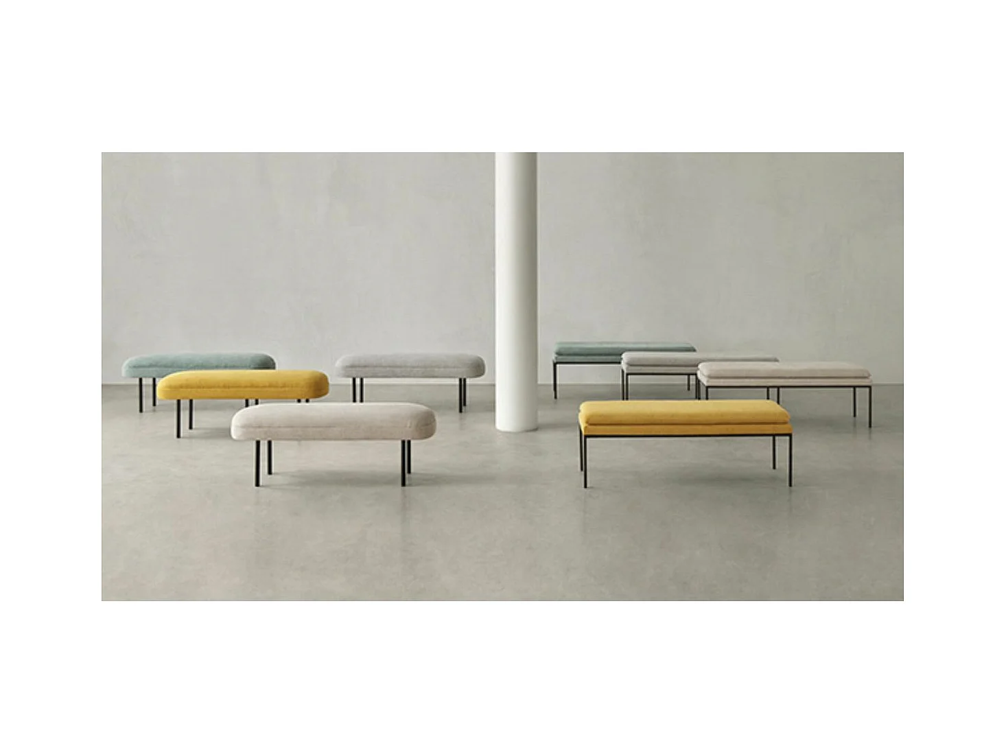 Banc moderne rembourré avec revêtement en tissu et pieds en métal noir Lema-Couleur Jaune moutarde