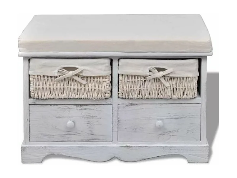 Banc de rangement 2 tiroirs et 2 paniers bois massif clair Poupa