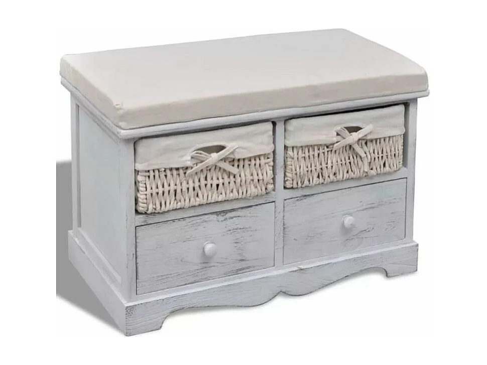 Banc de rangement 2 tiroirs et 2 paniers bois massif clair Poupa