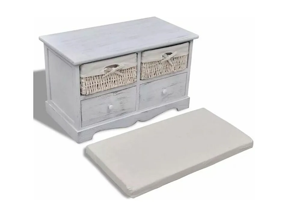 Banc de rangement 2 tiroirs et 2 paniers bois massif clair Poupa