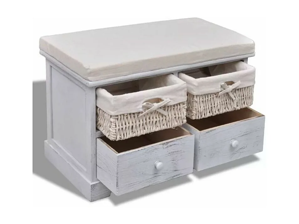 Banc de rangement 2 tiroirs et 2 paniers bois massif clair Poupa