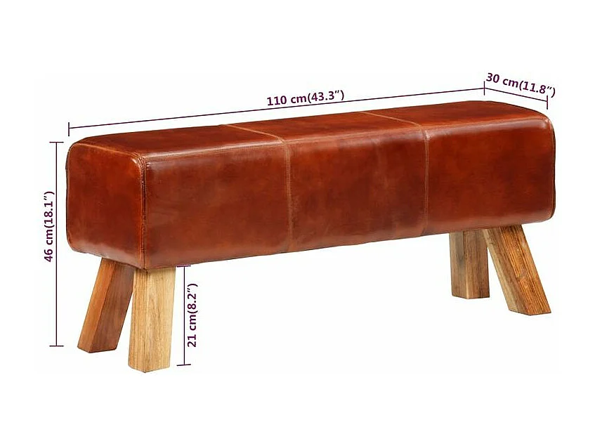 Banc de bok de gymnastique marron 110cm cuir véritable et bois