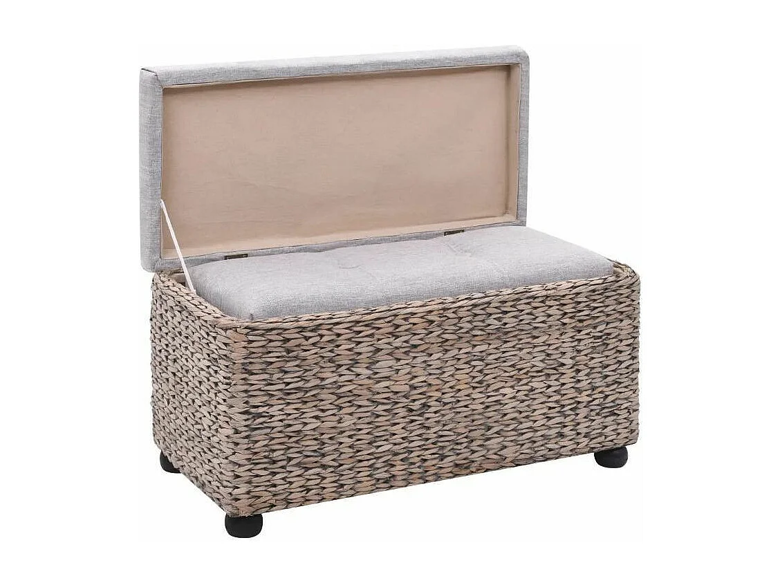 Banquette coffre capitonné jacinthe d'eau et tissu gris pieds bois massif foncé Kiva - Lot de 2