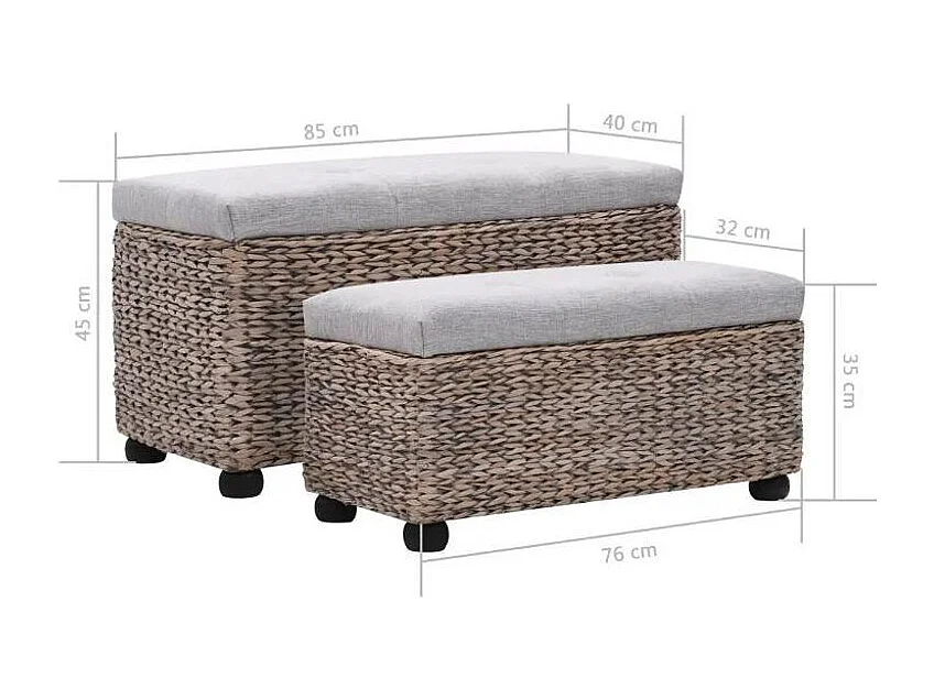 Banquette coffre capitonné jacinthe d'eau et tissu gris pieds bois massif foncé Kiva - Lot de 2