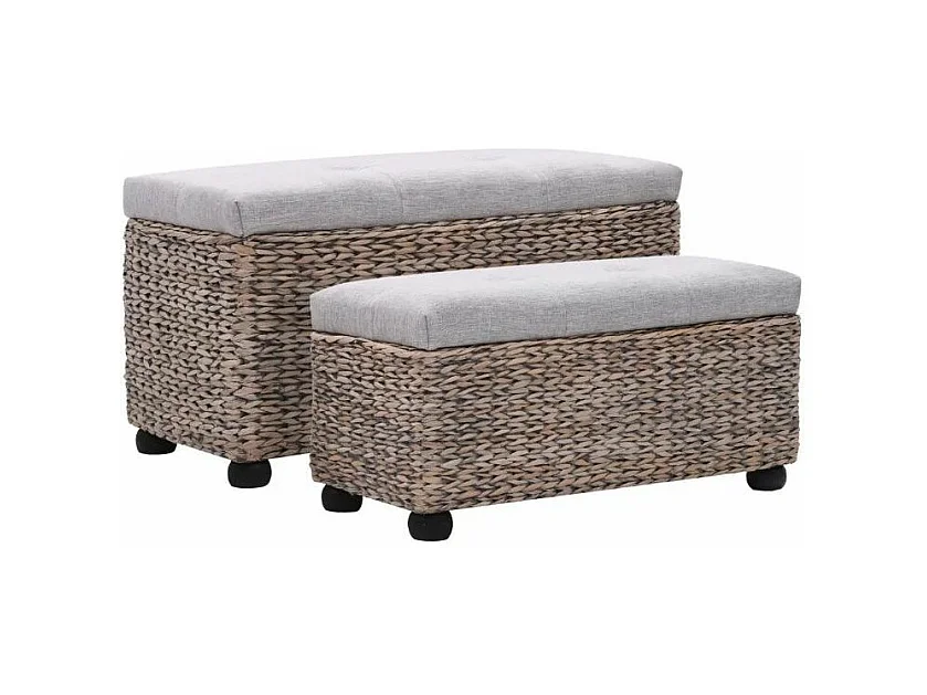 Banquette coffre capitonné jacinthe d'eau et tissu gris pieds bois massif foncé Kiva - Lot de 2