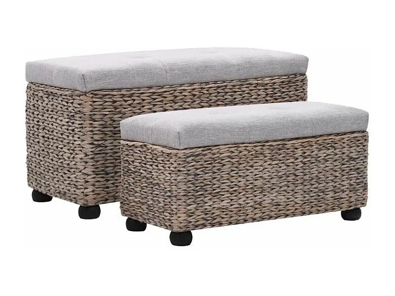 Banquette coffre capitonné jacinthe d'eau et tissu gris pieds bois massif foncé Kiva - Lot de 2