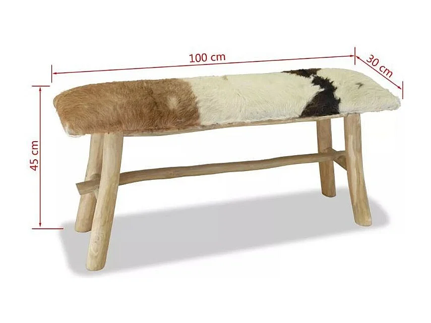 Banc assise peau de chèvre et pieds teck massif Pua 100cm