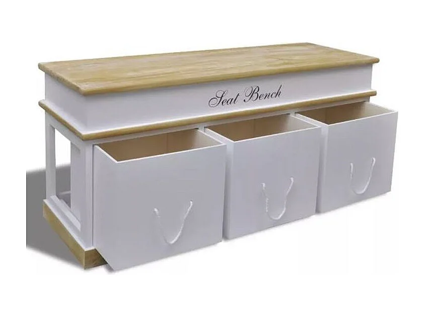 Banc avec rangement 3 tiroirs bois massif clair et blanc Tona