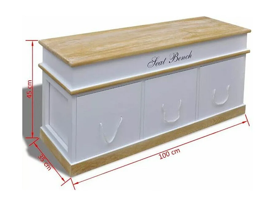 Banc avec rangement 3 tiroirs bois massif clair et blanc Tona