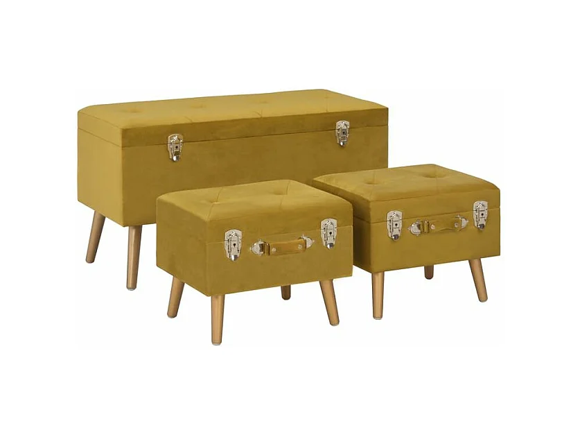 Tabourets de rangement lot de 3 Jaune moutarde Velours