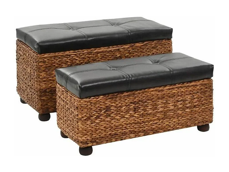 Banquette coffre capitonné jacinthe d'eau et similicuir noir pieds bois massif foncé Kiva - Lot de 2