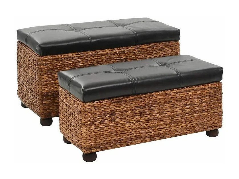 Banquette coffre capitonné jacinthe d'eau et similicuir noir pieds bois massif foncé Kiva - Lot de 2