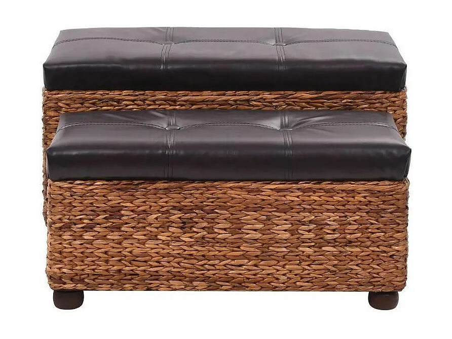 Banquette coffre capitonné jacinthe d'eau et similicuir noir pieds bois massif foncé Kiva - Lot de 2