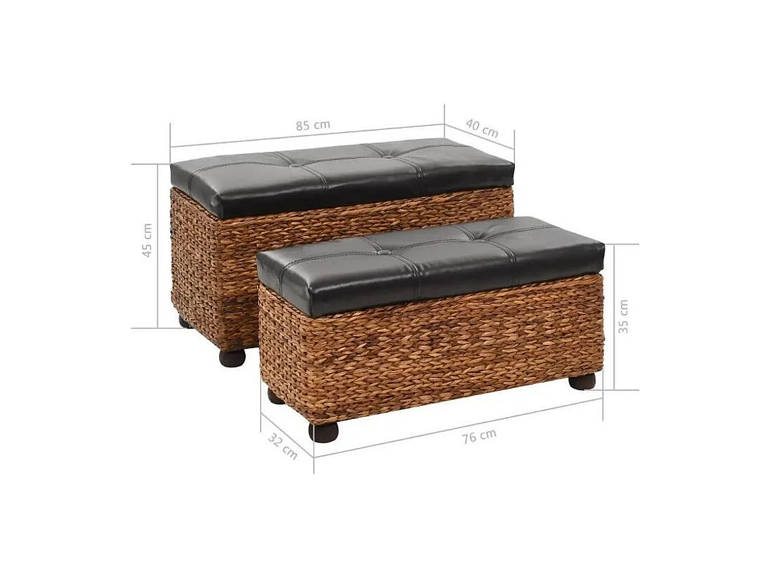 Banquette coffre capitonné jacinthe d'eau et similicuir noir pieds bois massif foncé Kiva - Lot de 2