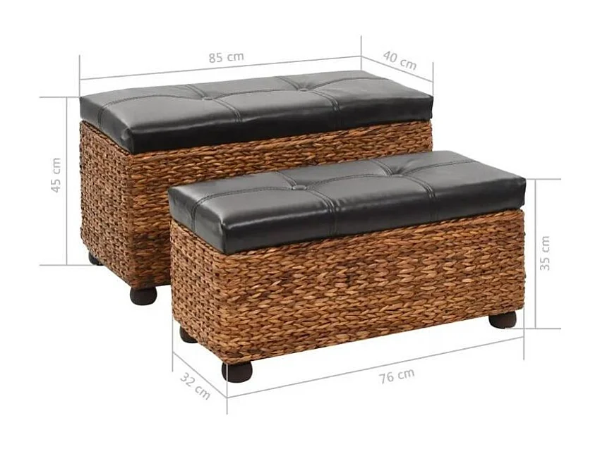 Banquette coffre capitonné jacinthe d'eau et similicuir noir pieds bois massif foncé Kiva - Lot de 2