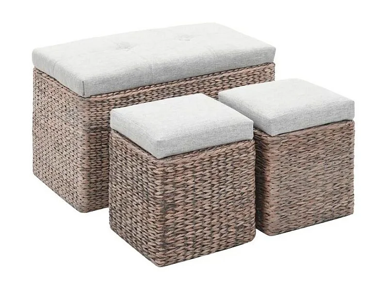 Banquette coffre capitonné jacinthe d'eau gris avec pouf Kiva - Lot de 3