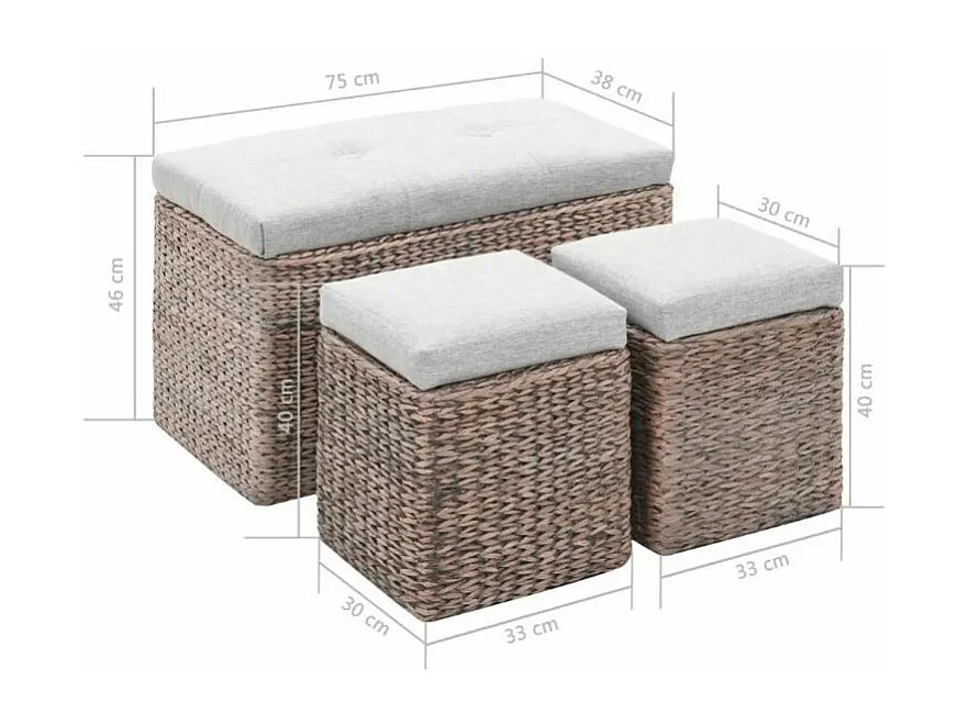 Banquette coffre capitonné jacinthe d'eau gris avec pouf Kiva - Lot de 3