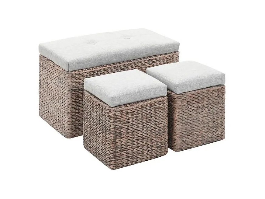 Banquette coffre capitonné jacinthe d'eau gris avec pouf Kiva - Lot de 3