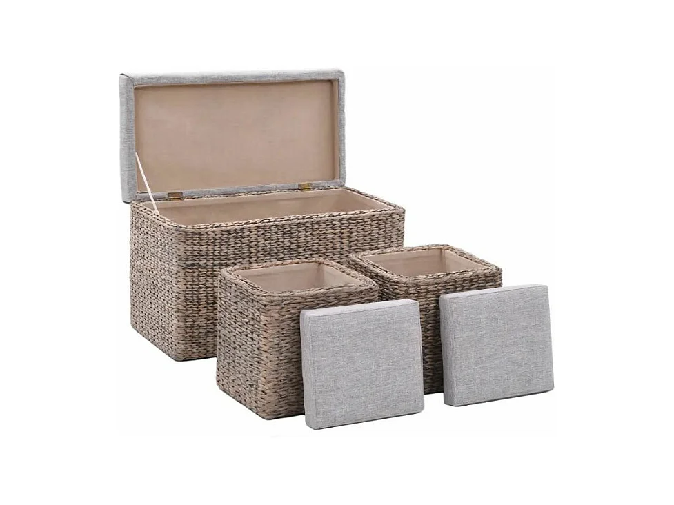 Banquette coffre capitonné jacinthe d'eau gris avec pouf Kiva - Lot de 3