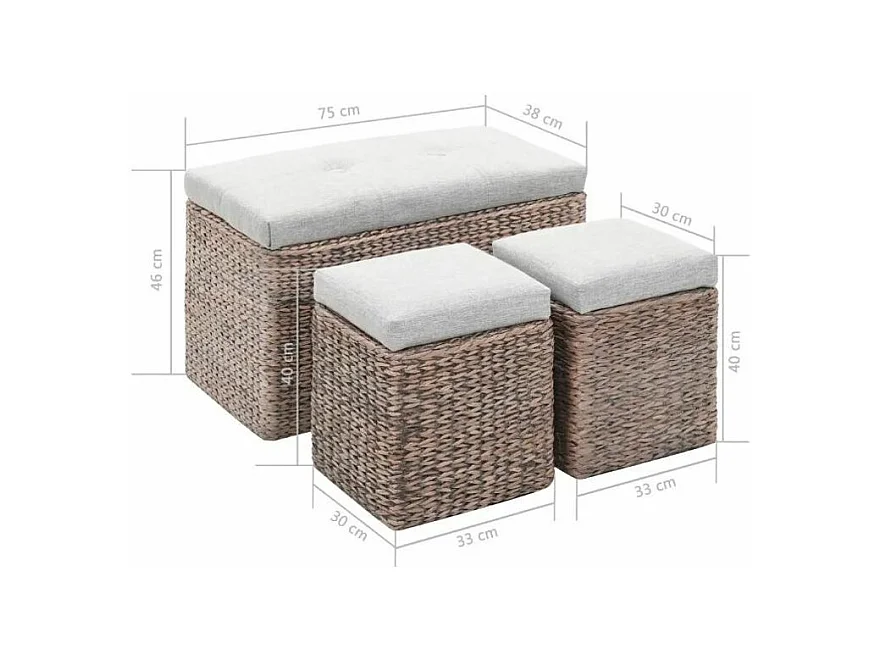 Banquette coffre capitonné jacinthe d'eau gris avec pouf Kiva - Lot de 3