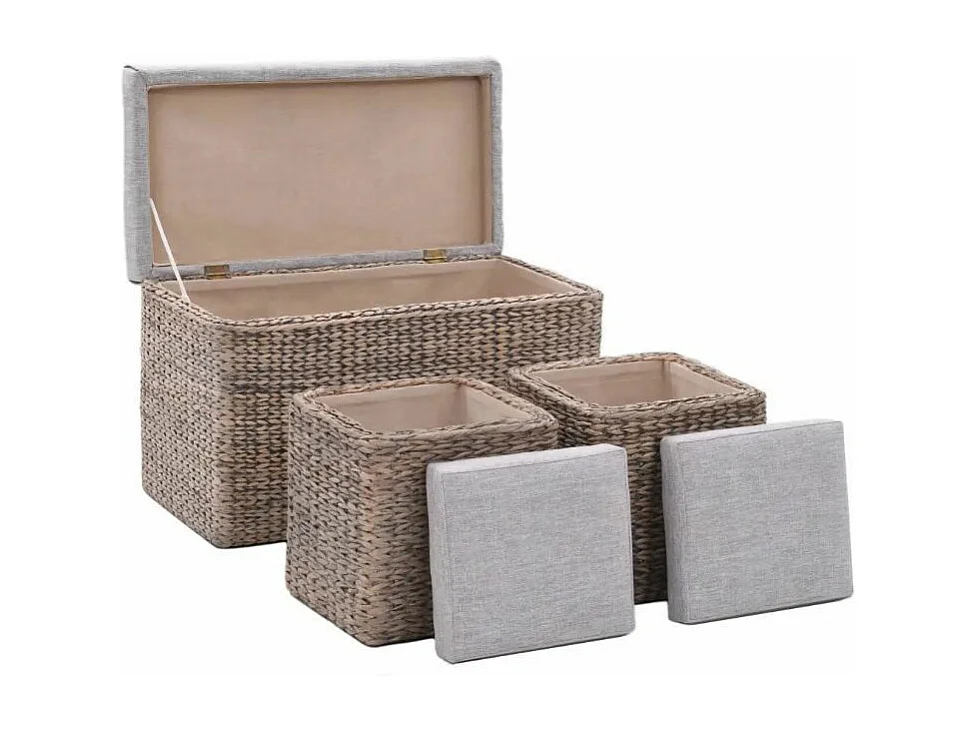 Banquette coffre capitonné jacinthe d'eau gris avec pouf Kiva - Lot de 3