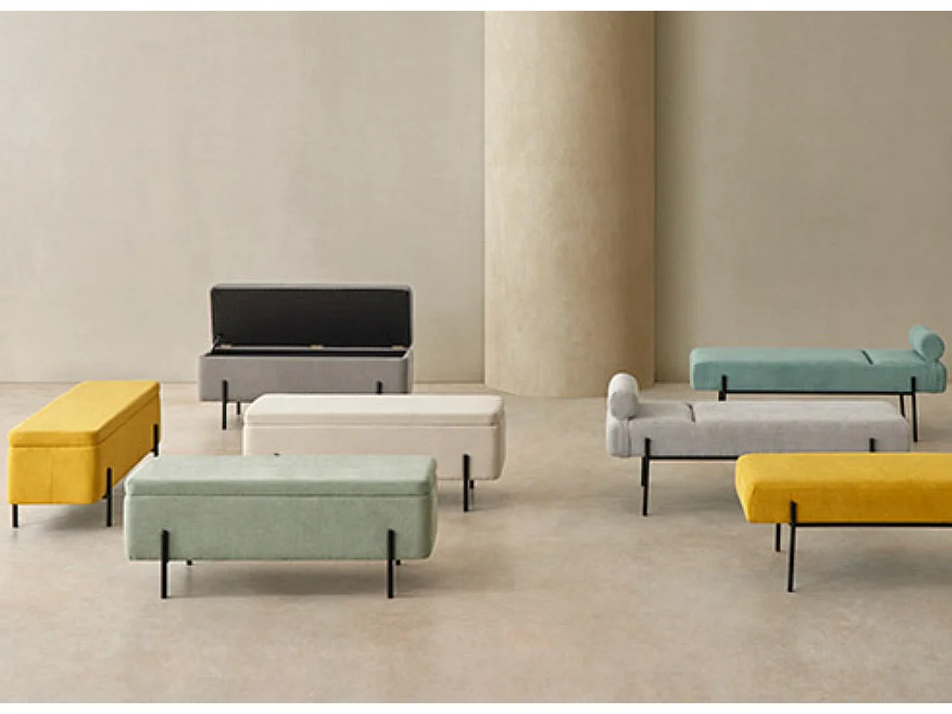 Banc moderne avec coffre de rangement tissu et pieds en métal noir Navika-Couleur Vert amande