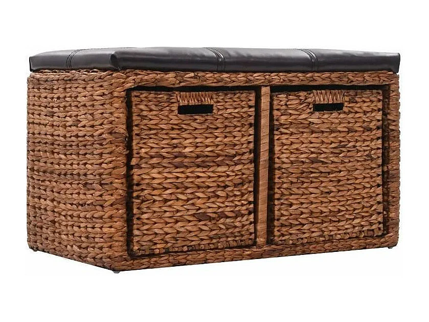 Banc exotique 2 tiroirs jacinthe d'eau marron et assise similicuir noir Kiva