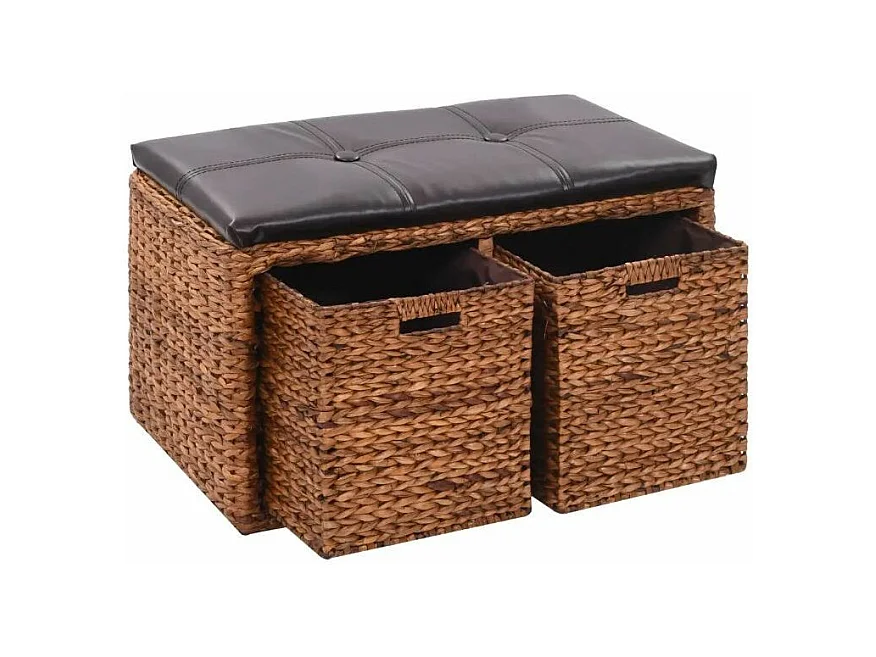 Banc exotique 2 tiroirs jacinthe d'eau marron et assise similicuir noir Kiva