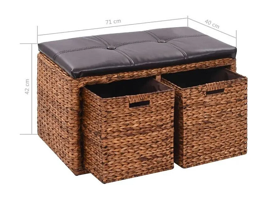 Banc exotique 2 tiroirs jacinthe d'eau marron et assise similicuir noir Kiva