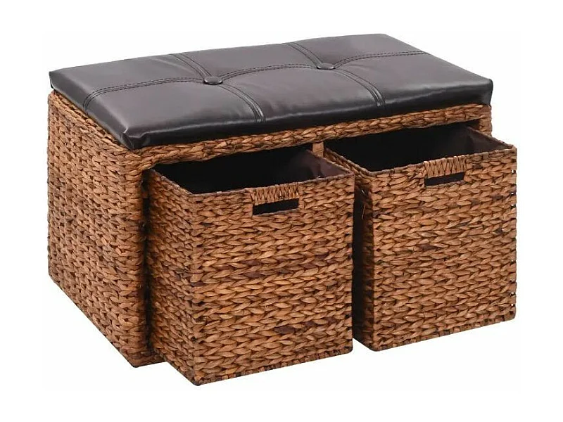 Banc exotique 2 tiroirs jacinthe d'eau marron et assise similicuir noir Kiva